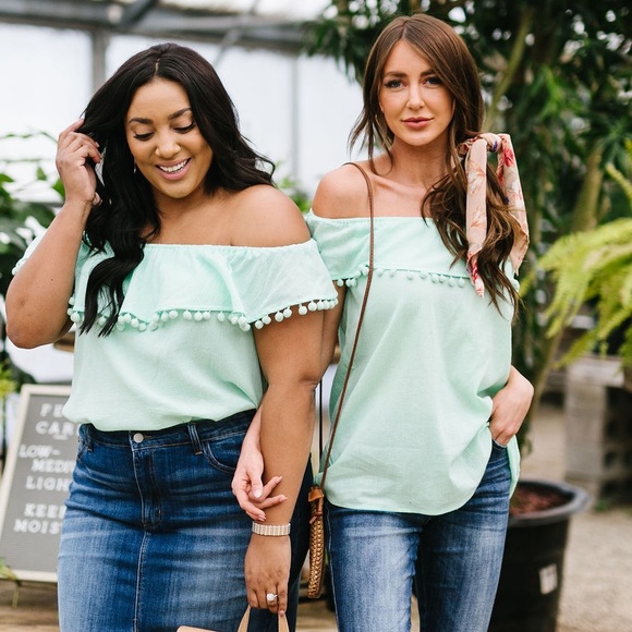 Dash of Pink Tops - FINAL SALE❗️Penelope Pom Pom Off Shoulder Top Mint